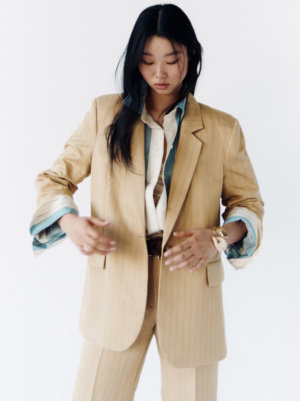 H&M Light Beige LINEN-BLEND Pinstripe Blazer